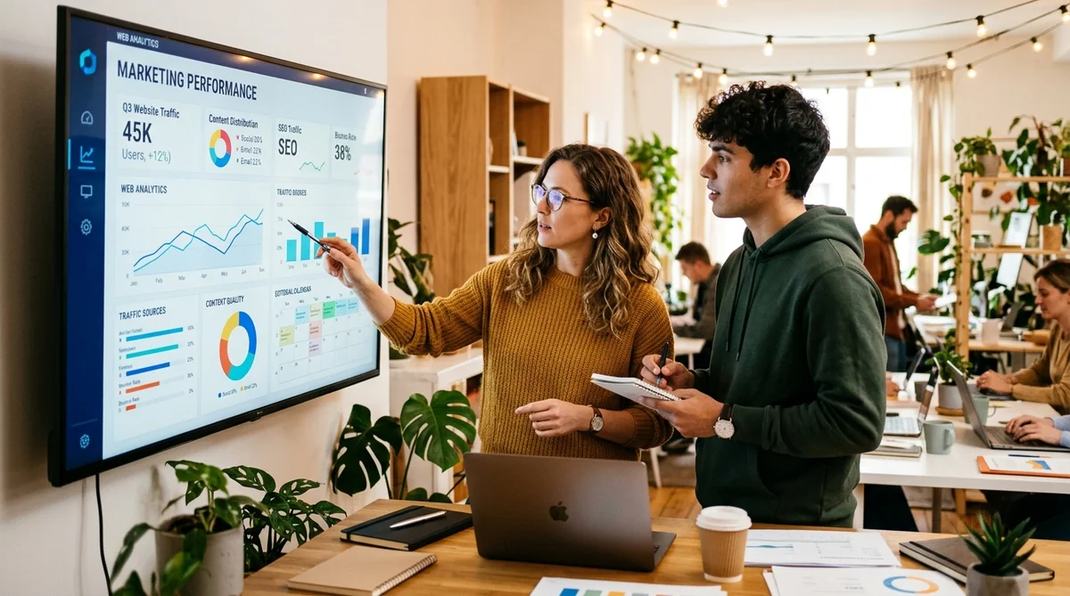 Digital Marketing Strategists Analyzing Multi-Topic Publishing Metrics and Content Distribution Performance