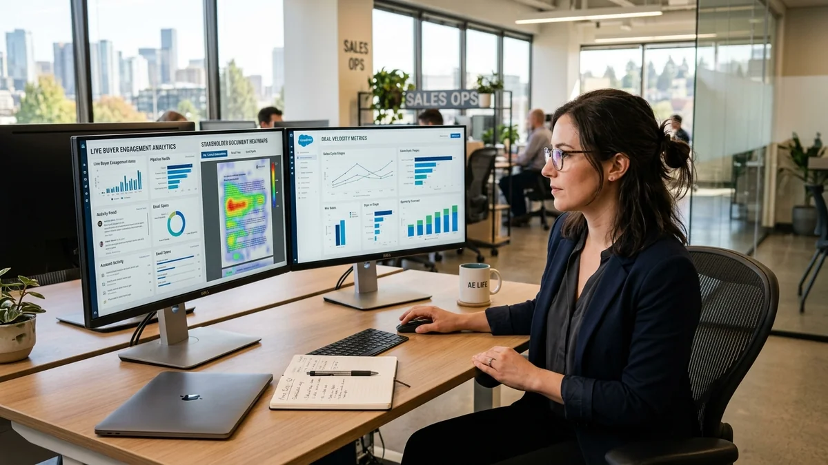 B2B Account Executive Analyzing Real-Time Buyer Engagement Analytics and Document Heatmaps on Dual Monitors