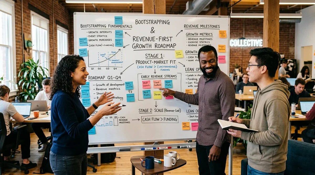 Startup Founders Mapping Bootstrapping and Revenue-First Growth Roadmap on Whiteboard