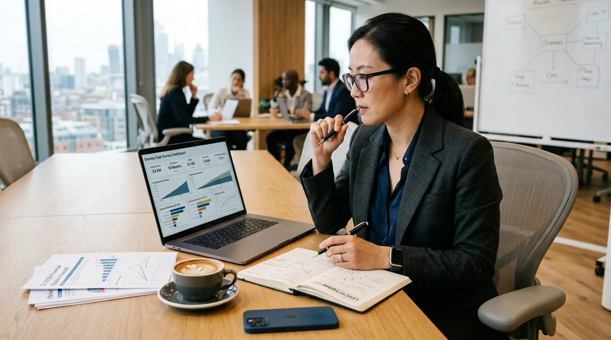 Executive Startup Consultant Analyzing Financial Modeling Dashboard and Cash Runway Metrics