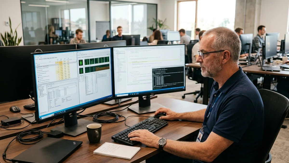 Senior System Administrator Inspecting OS Event Logs and Process Manager Diagnostics